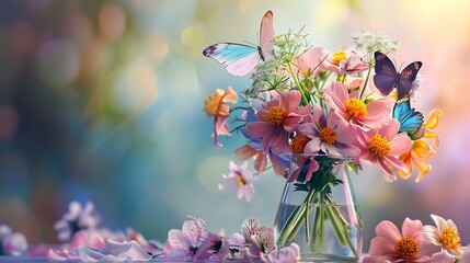 Wall Mural - Cut pastel flowers in a glass vase with colorful butterfly