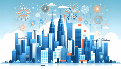 Simple flat vector illustration as City skyline with fireworks concept as A dynamic city skyline with fireworks celebrating hard work and progress ideal for business presentations needing a clean and 