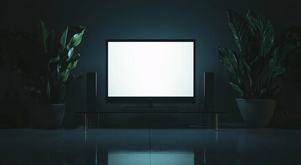 Aufkleber - Blank white TV screen interior in darkness mockup, front view. Vacant telly plasma display in living room mockup. Rectangular smart panel monitor on glass shelf template.