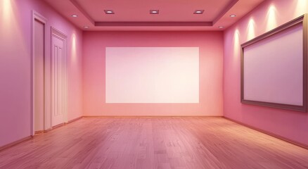 Aufkleber - Mock up of a large white gallery wall in a studio 3d rendering. Empty modern lobby with exhibition wall mockup. Clear presentation room template with wide poster on floor.
