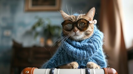 Cute cat sitting with a suitcase on a white origins wearing a blue sweater and goggles