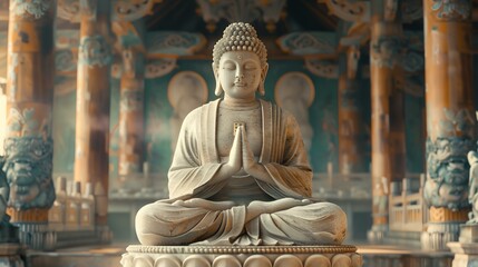 a statue of a buddha sitting in a room with columns