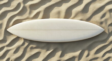 The mockup shows a white surfboard lying on the sand with fins