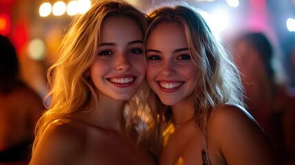 two beautiful young women standing next to each other smiling