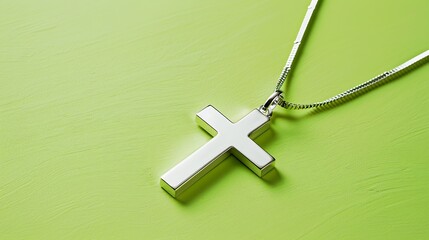 Cutout of a silver cross necklace on lime background