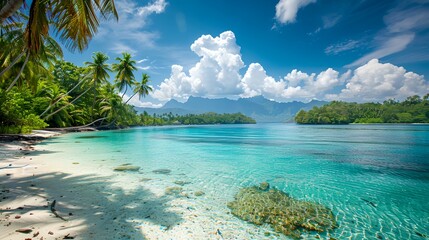 Poster - a beach with a clear blue water and palm trees on the shore