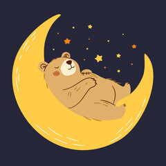 Wall Mural - Cute vector illustration in children's style. Cute bear cub sleeping on the moon, night sky . Vector illustration