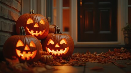 A group of carved pumpkins with glowing faces are arranged on a porch, surrounded by fallen autumn leaves, creating a warm, festive Halloween atmosphere.