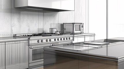 Detailed 3D shading drawing of modern kitchen appliances styled on a sleek countertop