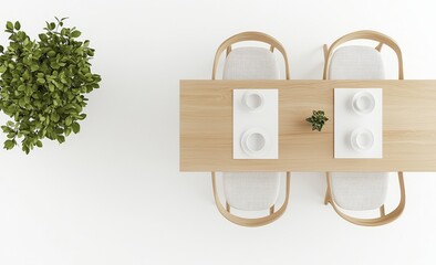 Flowing white runner on blank wood table mockup, front view