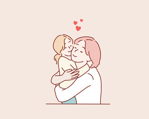 young happy mother hug cute little boy. Hand drawn style vector design illustrations.