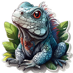 Colorful blue iguana resting on tropical leaves