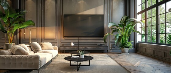 Wall Mural - Modern luxury living room interior with a marble wall and large TV screen.