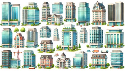  Watercolor cartoon clip art of various office buildings with a white background