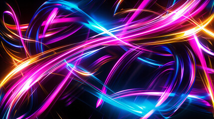 Wall Mural - Vivid Neon Streaks Twisting in a Swirling and Energetic Abstract Pattern on a Black Background.