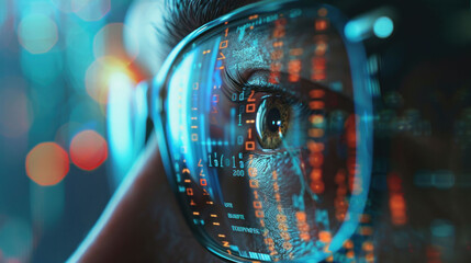 Wall Mural - A close up of persons eye wearing glasses, reflecting digital data and binary code, conveying sense of focus and curiosity. 