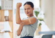 © Azee Jacobs/peopleimages.com - Happy woman, portrait and vaccine with bandaid for healthcare, cure or recovery at home. Young female person with smile or plaster on arm for vaccination, protection or medical injection at house