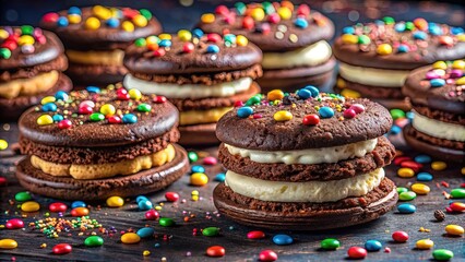 Richly decorated dessert table featuring a decadent chocolate sandwich cookie with creamy filling, surrounded by colorful sprinkles and crunchy cookie crumbs.