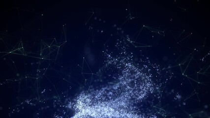 Abstract vortex particles background. Dynamic blue wave moving in explosion. Wormhole shimmering star dust. 3d rendering.