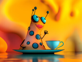 alien in yellow with black spots and big eyes drinking tea, minimal concept