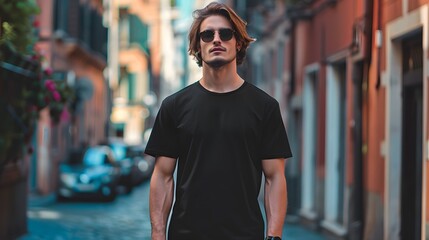 Young Model Shirt Mockup, Boy wearing black t-shirt on street in daylight, Shirt Mockup Template on hipster adult for design print, Male guy wearing casual t-shirt mockup placement.