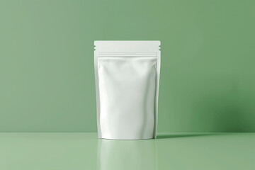 mock up white standing pouch. green wall background