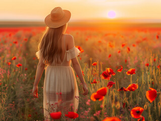 Wall Mural - Lovely summer woman wearing fashion dress posing on red poppy flower meadow. Outdoor portrait of young model on nature sunset background