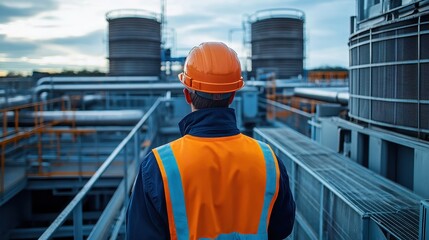 Wall Mural - Industrial Worker in Safety Gear Inspecting Modern Factory Facility at Sunset