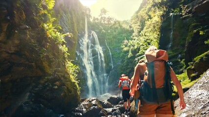 three women are hiking through a forest and one of them is carrying a backpack. the scene is peacefu