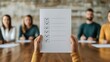 © Natalia - Hands holding a printed agenda with checkboxes for action items, team members around a conference table preparing for next steps, team action planning, organized meeting