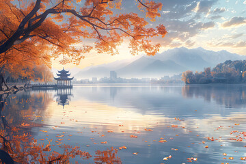 Landscape illustration of Chinese traditional pavilion in autumn foliage season