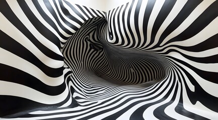 Wall Mural - Black and White Striped Curved Wall Creating a Wavy Tunnel Effect