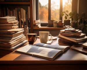 A study desk cluttered with books, notebooks, paper and coffee