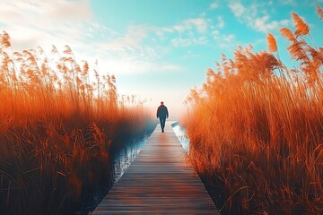 Canvas Print - Man Walking on Wooden Path Through Tall Grass - Photo