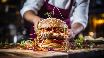 Detailed view of a man cooking a vegetarian burger using plant based ingredients