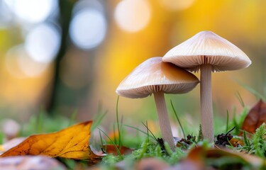 Wall Mural - Two vibrant mushrooms grow amidst colorful autumn leaves in a serene forest setting