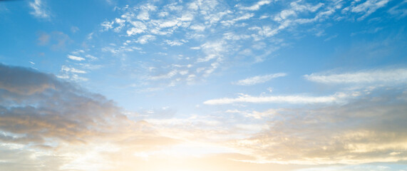 Summer blue sky cloud gradient background. Cloudy sky. Vivid cyan blue landscape in environment day horizon skyline view. White clouds on soft sky background. White cloudy sky.