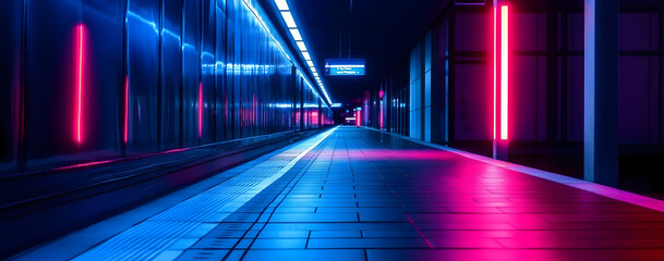 a train station platform lit up with blue and red lights,