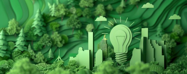 Wall Mural - Creative paper-cut illustration of a city with a yellow lightbulb, symbolizing renewable energy.