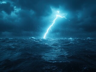 Poster - Dramatic lightning storm over rough ocean