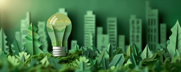 Wall Mural - Creative paper-cut illustration of a city with a yellow lightbulb, symbolizing renewable energy.