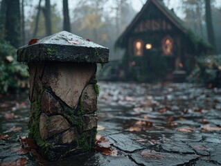 Canvas Print - Cozy cabin in the woods on a rainy day