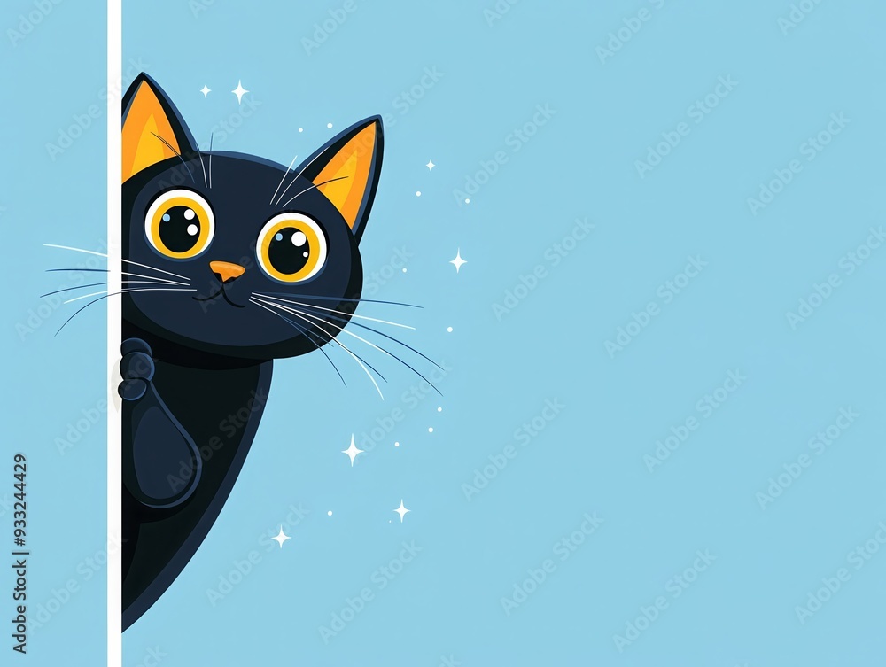 Cute black cat with big eyes peeking from behind a wall against a light ...