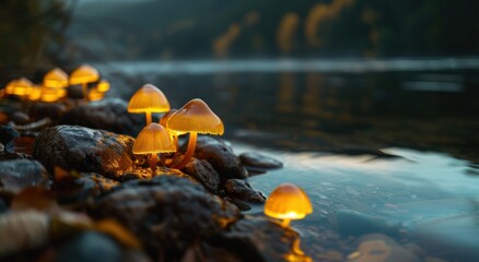 Wall Mural - Glowing mushrooms by a serene stream