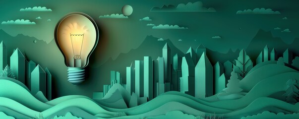 Wall Mural - Creative paper-cut illustration of a city with a yellow lightbulb, symbolizing renewable energy.