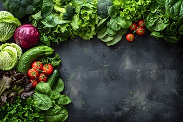 Wall Mural - Fresh Organic Vegetables Assortment on Dark Rustic Background for Healthy Eating, Nutrition Concept, Design for Card, Poster.