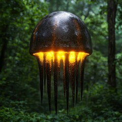 Poster - Glowing mushroom-like sculpture in a forest