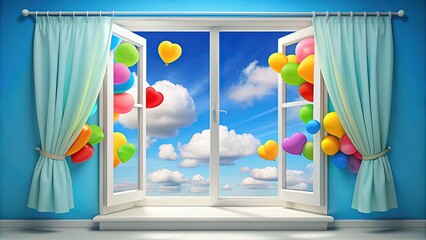 Colorful cartoon clouds float outside a bright open window with white curtains blowing in the wind on a sunny day with a blue sky background.