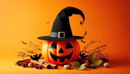 A bright and cheerful Halloween-themed scene with a jack-o'-lantern-shaped Pumpkin wearing a black witch's hat, with orange background