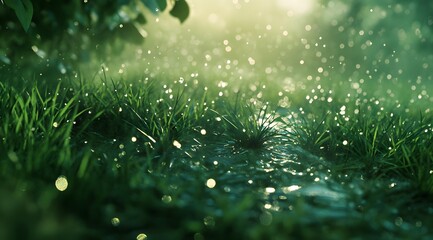 Wall Mural - Raindrops Glimmering on Lush Green Grass